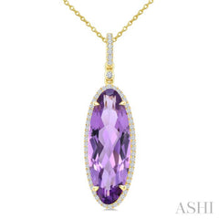 22X8 MM Oval Shape Amethyst and 1/4 Ctw Round Cut Diamond Semi-Precious Pendant With Chain in 14K Yellow Gold