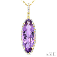 22X8 MM Oval Shape Amethyst and 1/4 Ctw Round Cut Diamond Semi-Precious Pendant With Chain in 14K Yellow Gold
