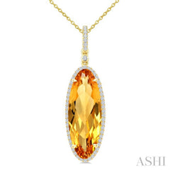 22X8 MM Oval Shape Citrine and 1/4 Ctw Round Cut Diamond Semi-Precious Pendant With Chain in 14K Yellow Gold