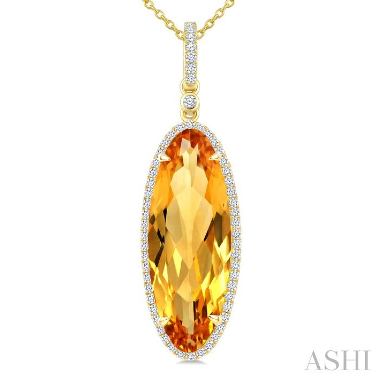 22X8 MM Oval Shape Citrine and 1/4 Ctw Round Cut Diamond Semi-Precious Pendant With Chain in 14K Yellow Gold