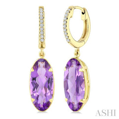 14X6 MM Oval Shape Amethyst and 1/10 Ctw Round Cut Diamond Semi-Precious Earrings in 14K Yellow Gold