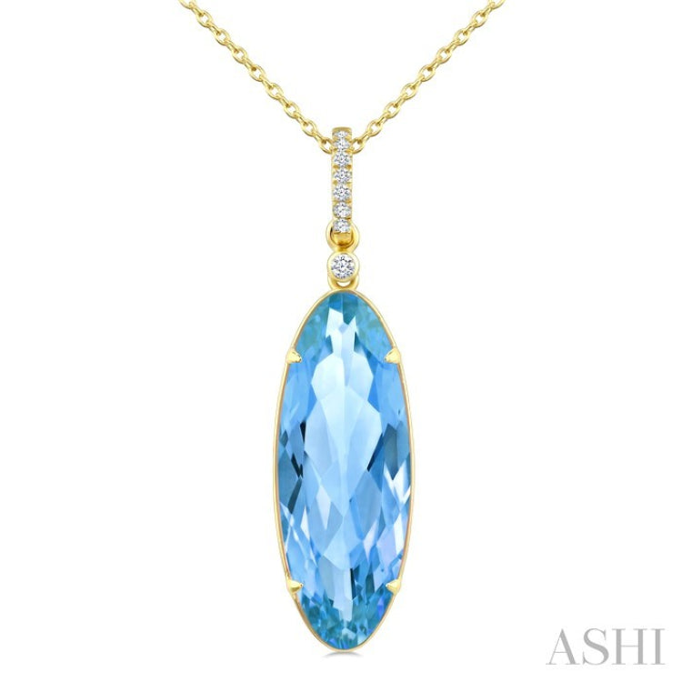 22X8 MM Oval Shape Blue Topaz and 1/20 Ctw Round Cut Diamond Semi-Precious Pendant With Chain in 14K Yellow Gold