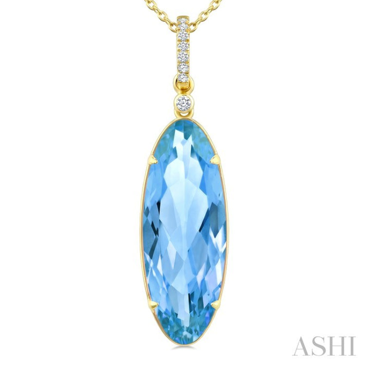 22X8 MM Oval Shape Blue Topaz and 1/20 Ctw Round Cut Diamond Semi-Precious Pendant With Chain in 14K Yellow Gold