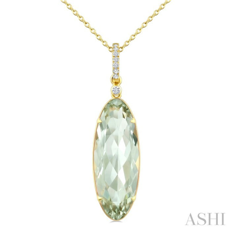 22X8 MM Oval Shape Green Amethyst and 1/20 Ctw Round Cut Diamond Semi-Precious Pendant With Chain in 14K Yellow Gold