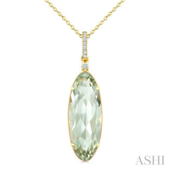 22X8 MM Oval Shape Green Amethyst and 1/20 Ctw Round Cut Diamond Semi-Precious Pendant With Chain in 14K Yellow Gold