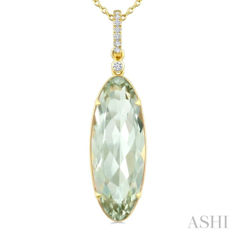 22X8 MM Oval Shape Green Amethyst and 1/20 Ctw Round Cut Diamond Semi-Precious Pendant With Chain in 14K Yellow Gold