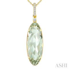 22X8 MM Oval Shape Green Amethyst and 1/20 Ctw Round Cut Diamond Semi-Precious Pendant With Chain in 14K Yellow Gold