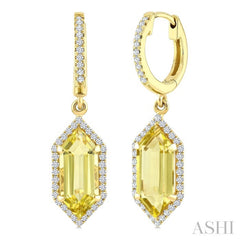 12X5 MM Hexagon Shape Lemon Quartz and 1/3 Ctw Round Cut Diamond Semi-Precious Earrings in 10K Yellow Gold