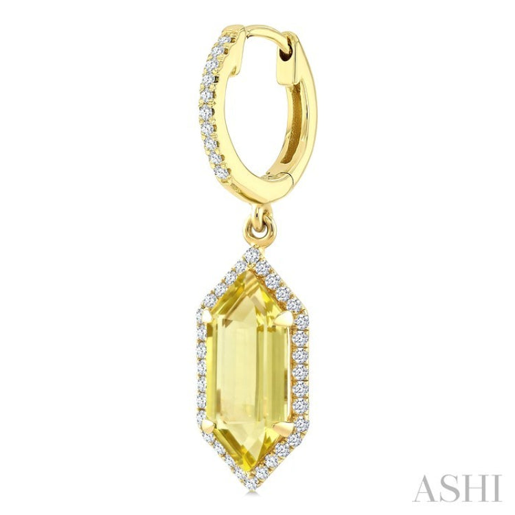 12X5 MM Hexagon Shape Lemon Quartz and 1/3 Ctw Round Cut Diamond Semi-Precious Earrings in 10K Yellow Gold