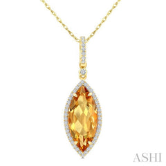16X7 MM Marquise Shape Citrine and 1/5 Ctw Round Cut Diamond Semi-Precious Pendant With Chain in 10K Yellow Gold