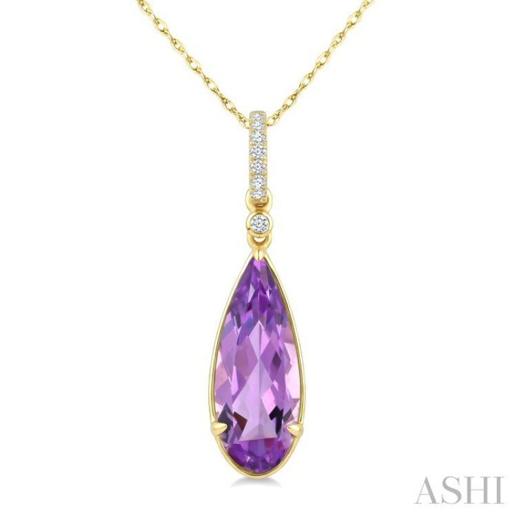 16X6 MM Pear Shape Amethyst and 1/20 Ctw Round Cut Diamond Semi-Precious Pendant With Chain in 10K Yellow Gold