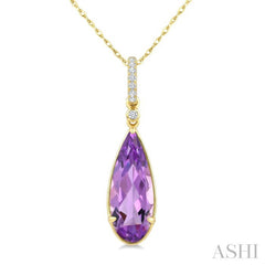 16X6 MM Pear Shape Amethyst and 1/20 Ctw Round Cut Diamond Semi-Precious Pendant With Chain in 10K Yellow Gold