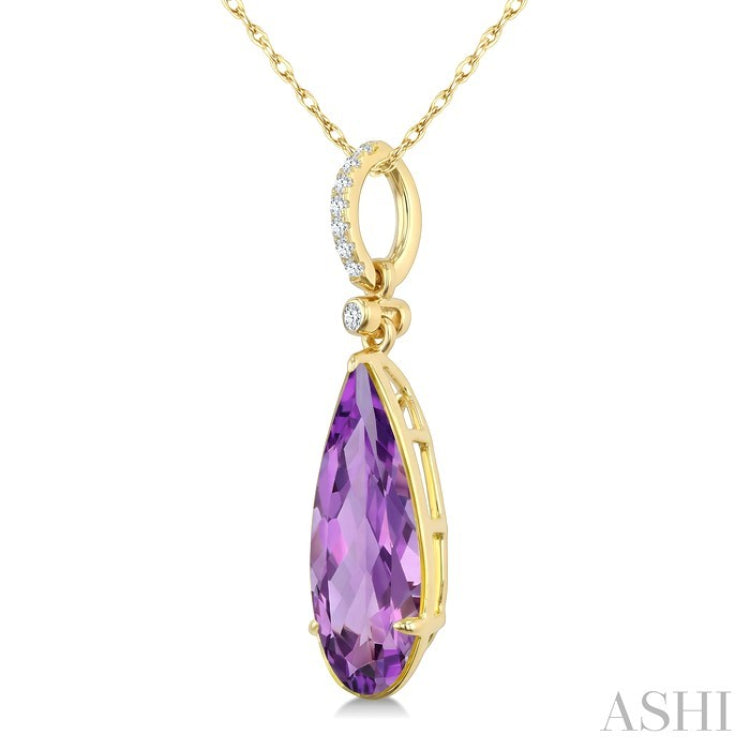 16X6 MM Pear Shape Amethyst and 1/20 Ctw Round Cut Diamond Semi-Precious Pendant With Chain in 10K Yellow Gold
