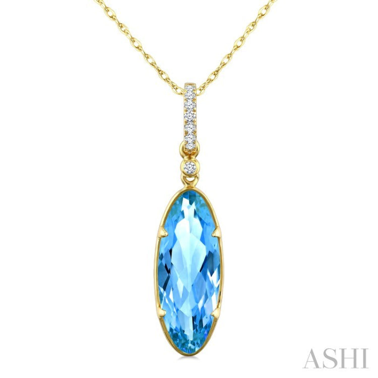 16X6 MM Oval Shape Blue Topaz and 1/20 Ctw Round Cut Diamond Semi-Precious Pendant With Chain in 10K Yellow Gold