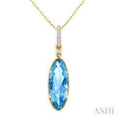 16X6 MM Oval Shape Blue Topaz and 1/20 Ctw Round Cut Diamond Semi-Precious Pendant With Chain in 10K Yellow Gold