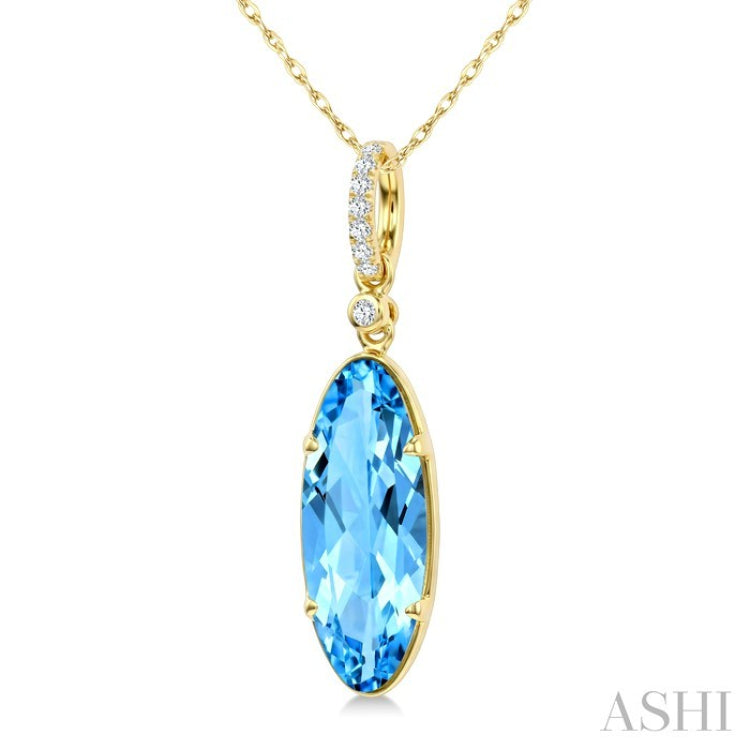 16X6 MM Oval Shape Blue Topaz and 1/20 Ctw Round Cut Diamond Semi-Precious Pendant With Chain in 10K Yellow Gold
