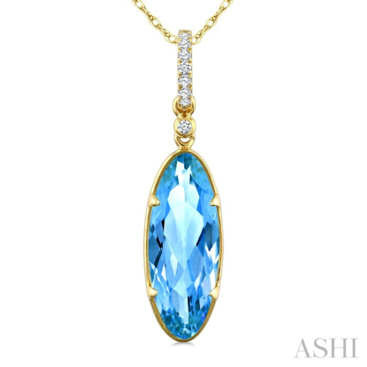 16X6 MM Oval Shape Blue Topaz and 1/20 Ctw Round Cut Diamond Semi-Precious Pendant With Chain in 10K Yellow Gold