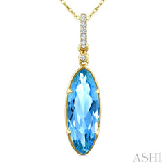 16X6 MM Oval Shape Blue Topaz and 1/20 Ctw Round Cut Diamond Semi-Precious Pendant With Chain in 10K Yellow Gold