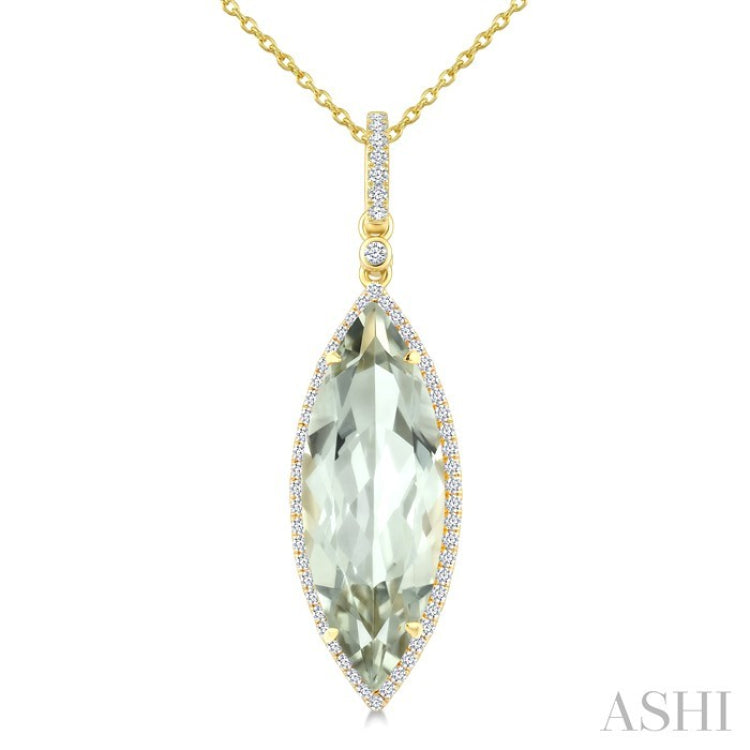 22X8 MM Marquise Shape Green Amethyst and 1/4 Ctw Round Cut Diamond Semi-Precious Pendant With Chain in 14K Yellow Gold