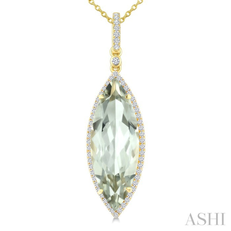 22X8 MM Marquise Shape Green Amethyst and 1/4 Ctw Round Cut Diamond Semi-Precious Pendant With Chain in 14K Yellow Gold