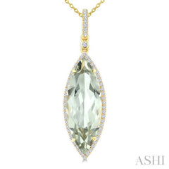 22X8 MM Marquise Shape Green Amethyst and 1/4 Ctw Round Cut Diamond Semi-Precious Pendant With Chain in 14K Yellow Gold