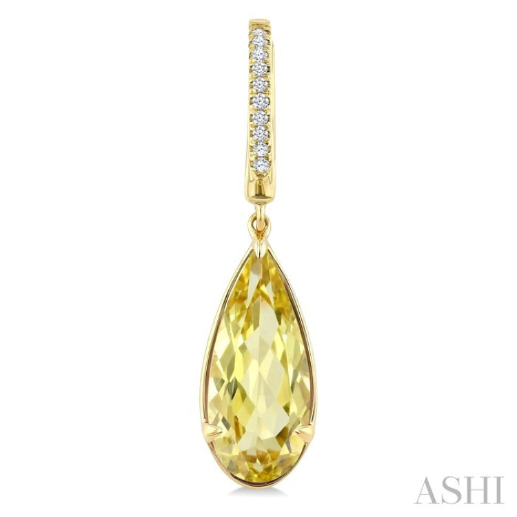 14X6 MM Pear Shape Lemon Quartz and 1/10 Ctw Round Cut Diamond Semi-Precious Earrings in 14K Yellow Gold