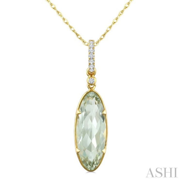 16X6 MM Oval Shape Green Amethyst and 1/20 Ctw Round Cut Diamond Semi-Precious Pendant With Chain in 10K Yellow Gold