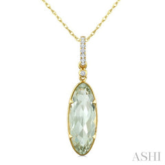 16X6 MM Oval Shape Green Amethyst and 1/20 Ctw Round Cut Diamond Semi-Precious Pendant With Chain in 10K Yellow Gold