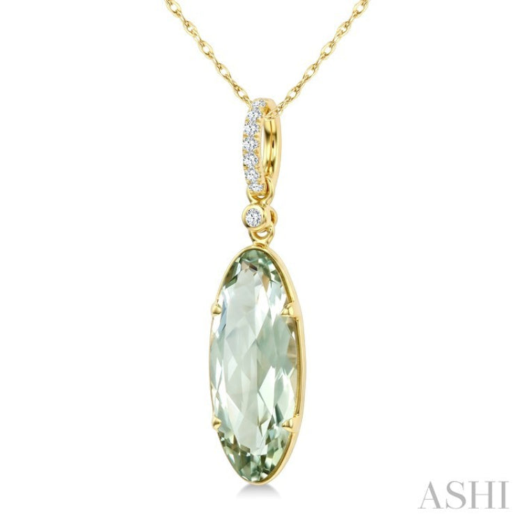 16X6 MM Oval Shape Green Amethyst and 1/20 Ctw Round Cut Diamond Semi-Precious Pendant With Chain in 10K Yellow Gold