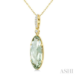 16X6 MM Oval Shape Green Amethyst and 1/20 Ctw Round Cut Diamond Semi-Precious Pendant With Chain in 10K Yellow Gold