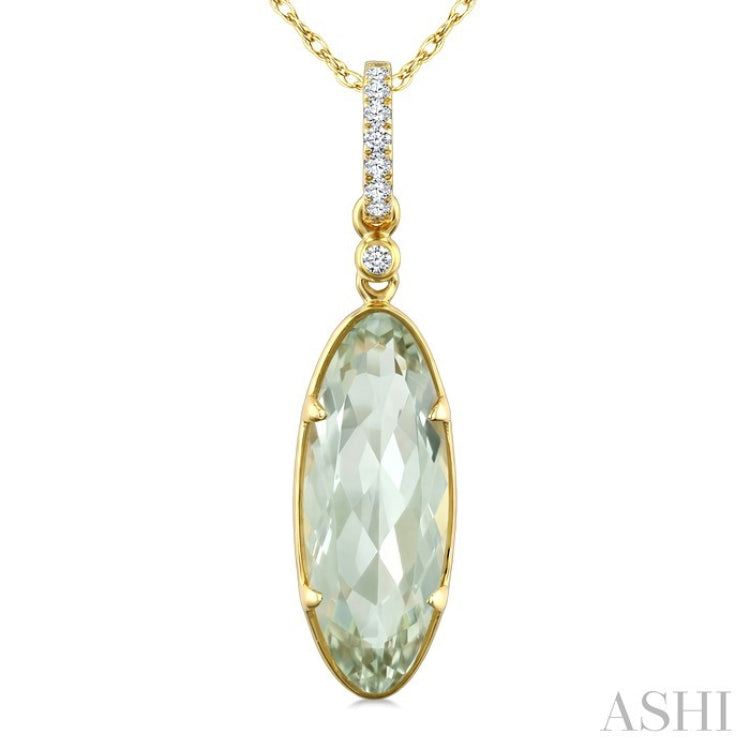 16X6 MM Oval Shape Green Amethyst and 1/20 Ctw Round Cut Diamond Semi-Precious Pendant With Chain in 10K Yellow Gold