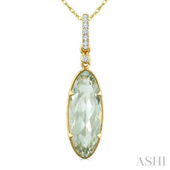 16X6 MM Oval Shape Green Amethyst and 1/20 Ctw Round Cut Diamond Semi-Precious Pendant With Chain in 10K Yellow Gold