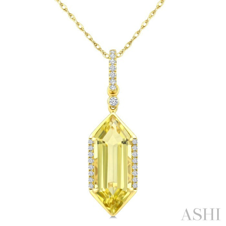 16X6 MM Hexagon Shape Lemon Quartz and 1/10 Ctw Round Cut Diamond Semi-Precious Pendant With Chain in 10K Yellow Gold