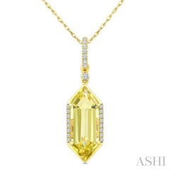 16X6 MM Hexagon Shape Lemon Quartz and 1/10 Ctw Round Cut Diamond Semi-Precious Pendant With Chain in 10K Yellow Gold