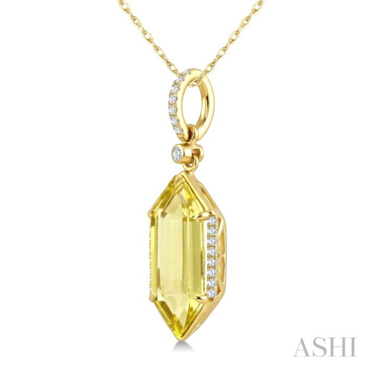 16X6 MM Hexagon Shape Lemon Quartz and 1/10 Ctw Round Cut Diamond Semi-Precious Pendant With Chain in 10K Yellow Gold