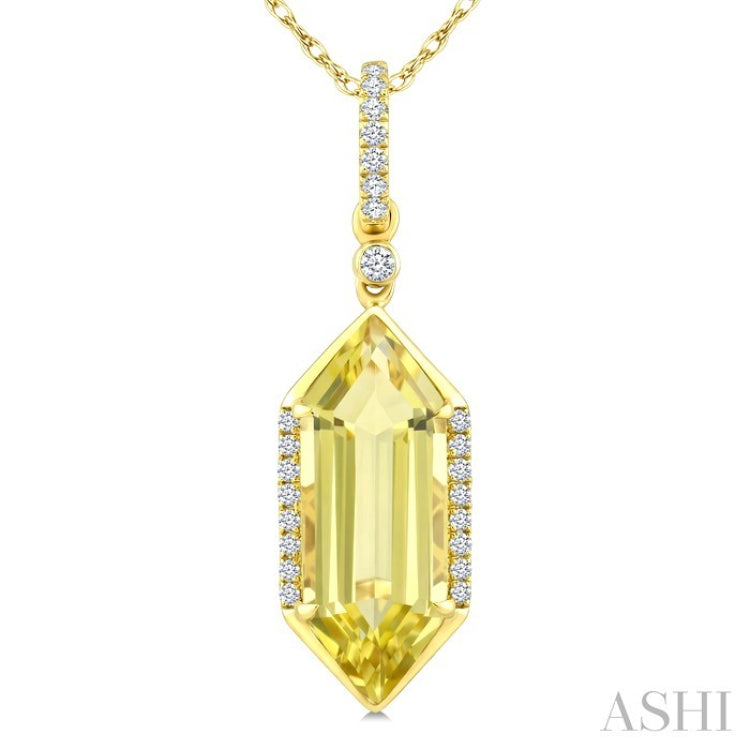 16X6 MM Hexagon Shape Lemon Quartz and 1/10 Ctw Round Cut Diamond Semi-Precious Pendant With Chain in 10K Yellow Gold