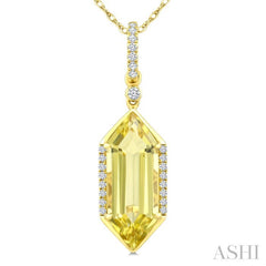 16X6 MM Hexagon Shape Lemon Quartz and 1/10 Ctw Round Cut Diamond Semi-Precious Pendant With Chain in 10K Yellow Gold
