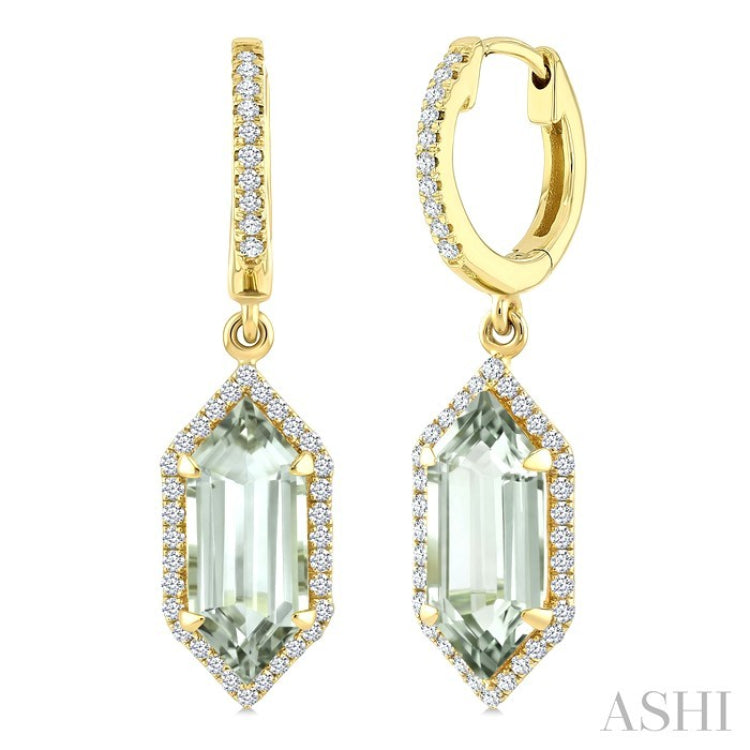 12X5 MM Hexagon Shape Green Amethyst and 1/3 Ctw Round Cut Diamond Semi-Precious Earrings in 10K Yellow Gold