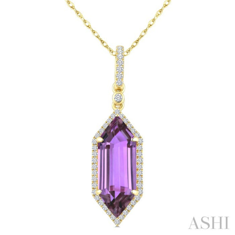 16X6 MM Hexagon Shape Amethyst and 1/5 Ctw Round Cut Diamond Semi-Precious Pendant With Chain in 10K Yellow Gold