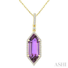 16X6 MM Hexagon Shape Amethyst and 1/5 Ctw Round Cut Diamond Semi-Precious Pendant With Chain in 10K Yellow Gold