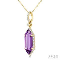 16X6 MM Hexagon Shape Amethyst and 1/5 Ctw Round Cut Diamond Semi-Precious Pendant With Chain in 10K Yellow Gold