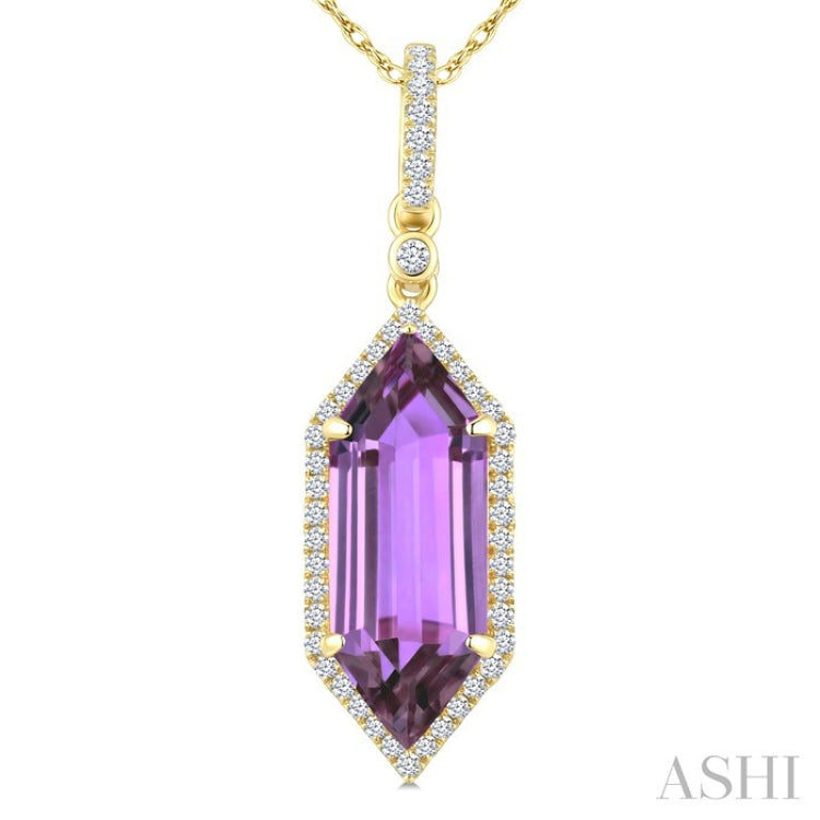 16X6 MM Hexagon Shape Amethyst and 1/5 Ctw Round Cut Diamond Semi-Precious Pendant With Chain in 10K Yellow Gold