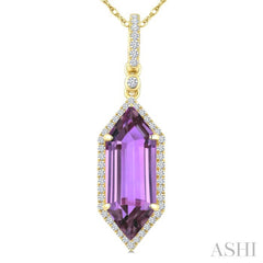 16X6 MM Hexagon Shape Amethyst and 1/5 Ctw Round Cut Diamond Semi-Precious Pendant With Chain in 10K Yellow Gold