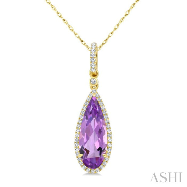 16X6 MM Pear Shape Amethyst and 1/5 Ctw Round Cut Diamond Semi-Precious Pendant With Chain in 10K Yellow Gold