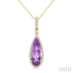 16X6 MM Pear Shape Amethyst and 1/5 Ctw Round Cut Diamond Semi-Precious Pendant With Chain in 10K Yellow Gold