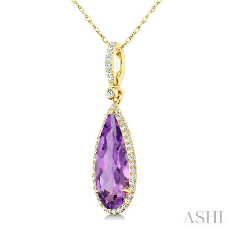 16X6 MM Pear Shape Amethyst and 1/5 Ctw Round Cut Diamond Semi-Precious Pendant With Chain in 10K Yellow Gold