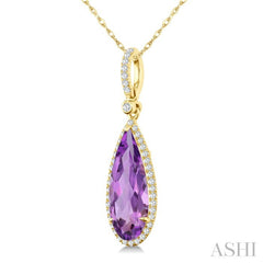 16X6 MM Pear Shape Amethyst and 1/5 Ctw Round Cut Diamond Semi-Precious Pendant With Chain in 10K Yellow Gold