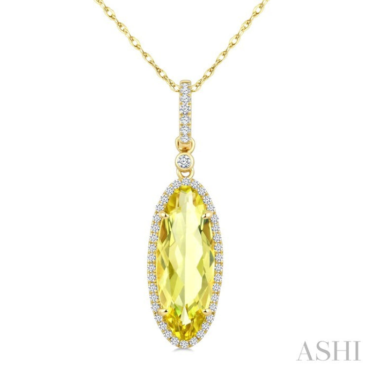 16X6 MM Oval Shape Lemon Quartz and 1/5 Ctw Round Cut Diamond Semi-Precious Pendant With Chain in 10K Yellow Gold