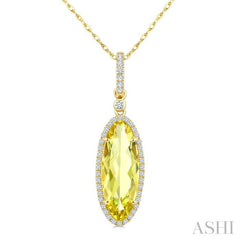 16X6 MM Oval Shape Lemon Quartz and 1/5 Ctw Round Cut Diamond Semi-Precious Pendant With Chain in 10K Yellow Gold