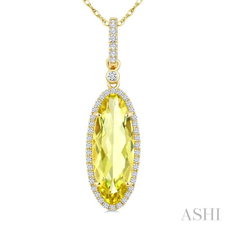 16X6 MM Oval Shape Lemon Quartz and 1/5 Ctw Round Cut Diamond Semi-Precious Pendant With Chain in 10K Yellow Gold